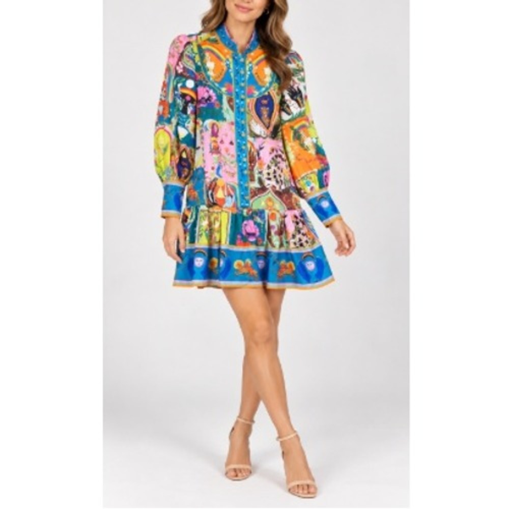 Women's Multi Long Sleeve Ruffle Psychedelic Celestial Print Mini Dress Size S